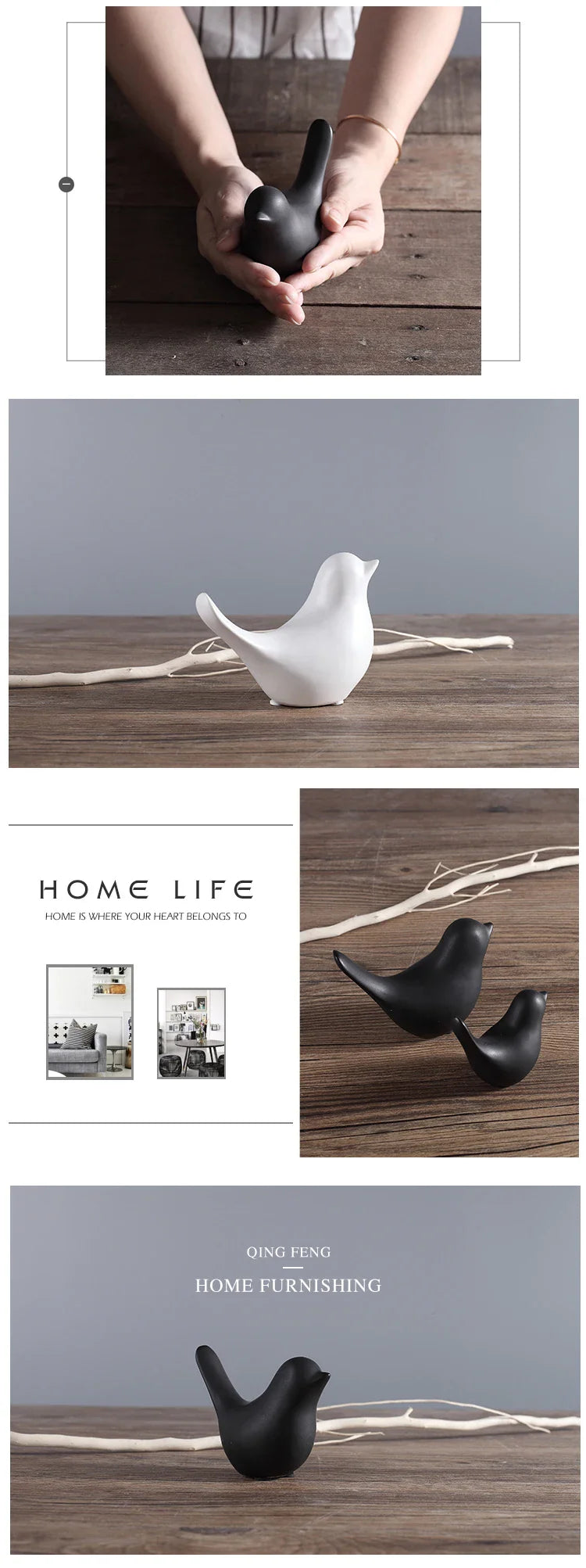 Nordic Ceramic Bird Figurine – Black or White Modern Sculptural Ornament