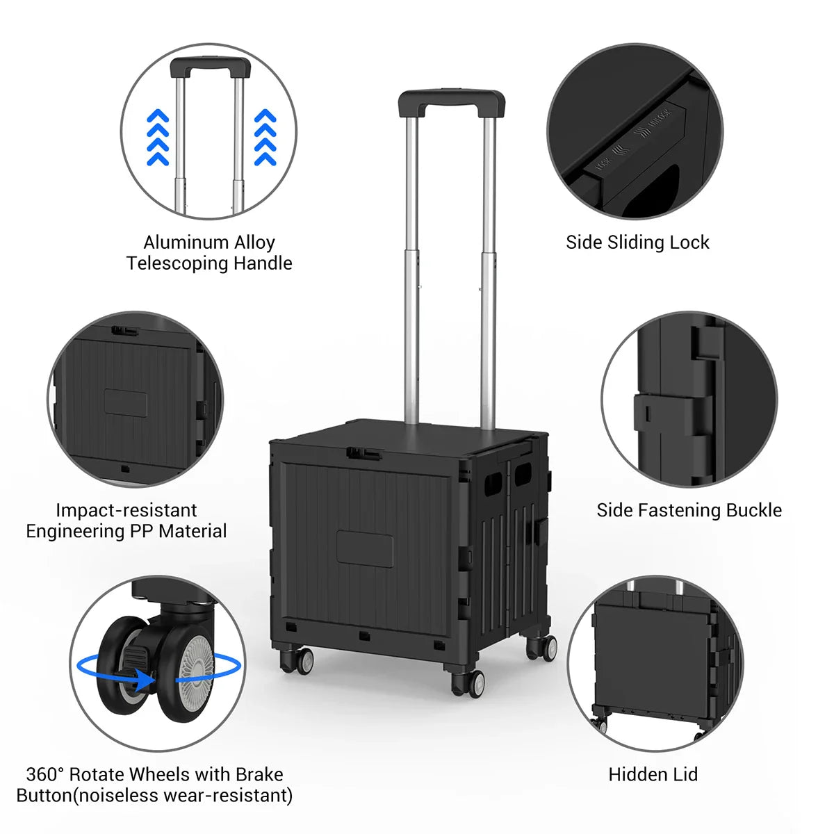 Foldable Utility Cart Mobile Folding Cart with Lid 360°Rotate Large Capacity Portable Shopping Hand Trolley for Travel Camping