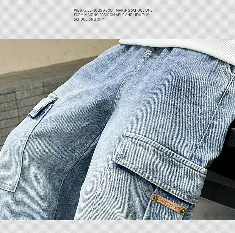 Boys Cargo Denim Jeans, Loose Fit Fashion Trousers