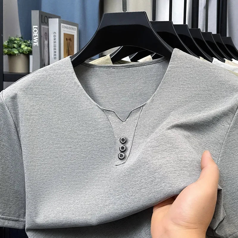 Men’s Three-Button V-Neck T-Shirt – Business Casual Summer Short Sleeve Top (S–4XL)