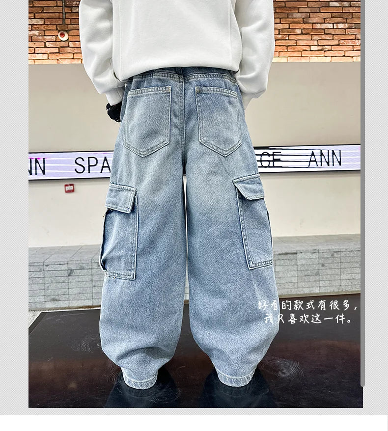Boys Cargo Denim Jeans, Loose Fit Fashion Trousers