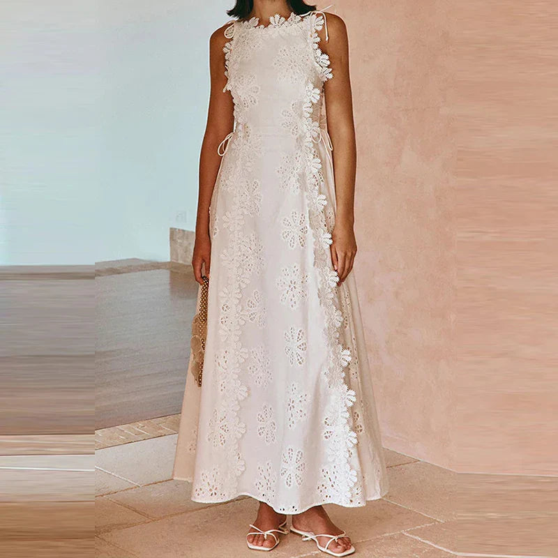 New Solid Color Lace Embroidery Evening Dress Trendy Sleeveless Women White Dress Elegant Hollow Out Floral Bandage Party Dress