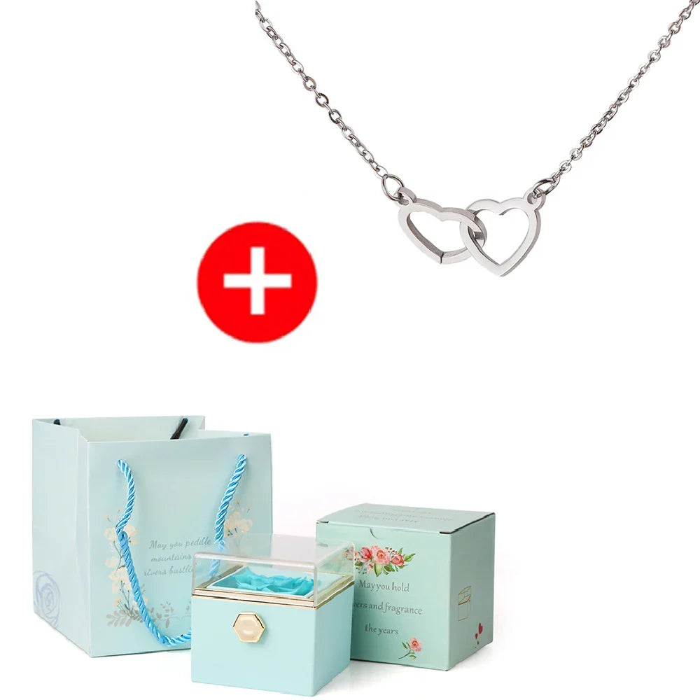 2024 New Valentine's Day Gift Custom for Women Double Heart Engraved Name Steel Necklace Eternal Rose Box Wedding Ring Box