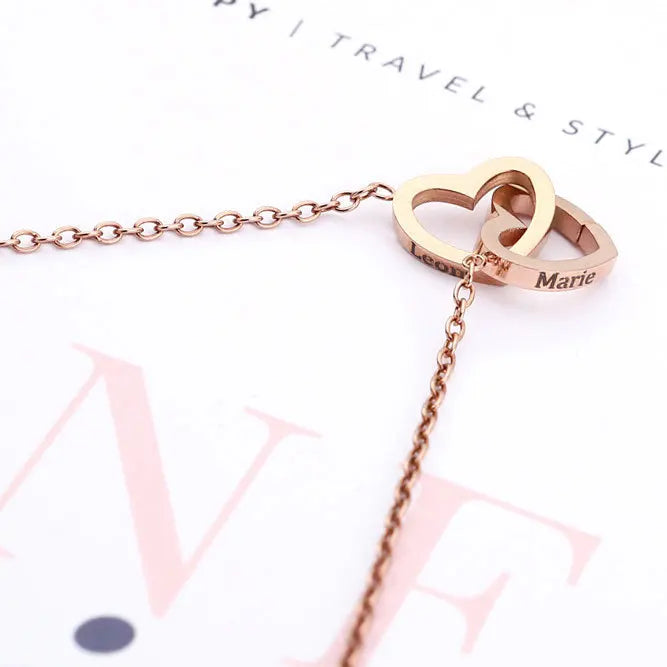 2024 New Valentine's Day Gift Custom for Women Double Heart Engraved Name Steel Necklace Eternal Rose Box Wedding Ring Box