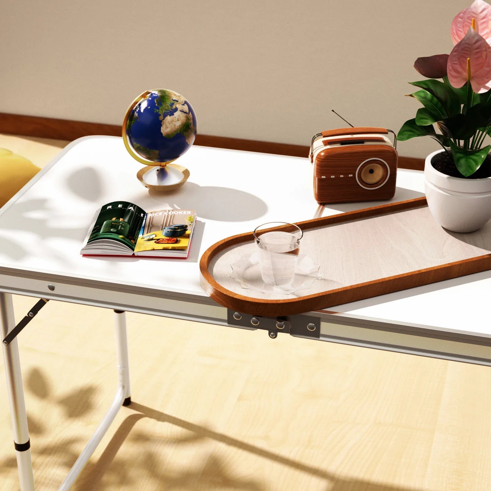 Features: - Folding table with carry handle - Moulded plastic top - includes handy carrying handle - Sturdy aluminum alloy fr