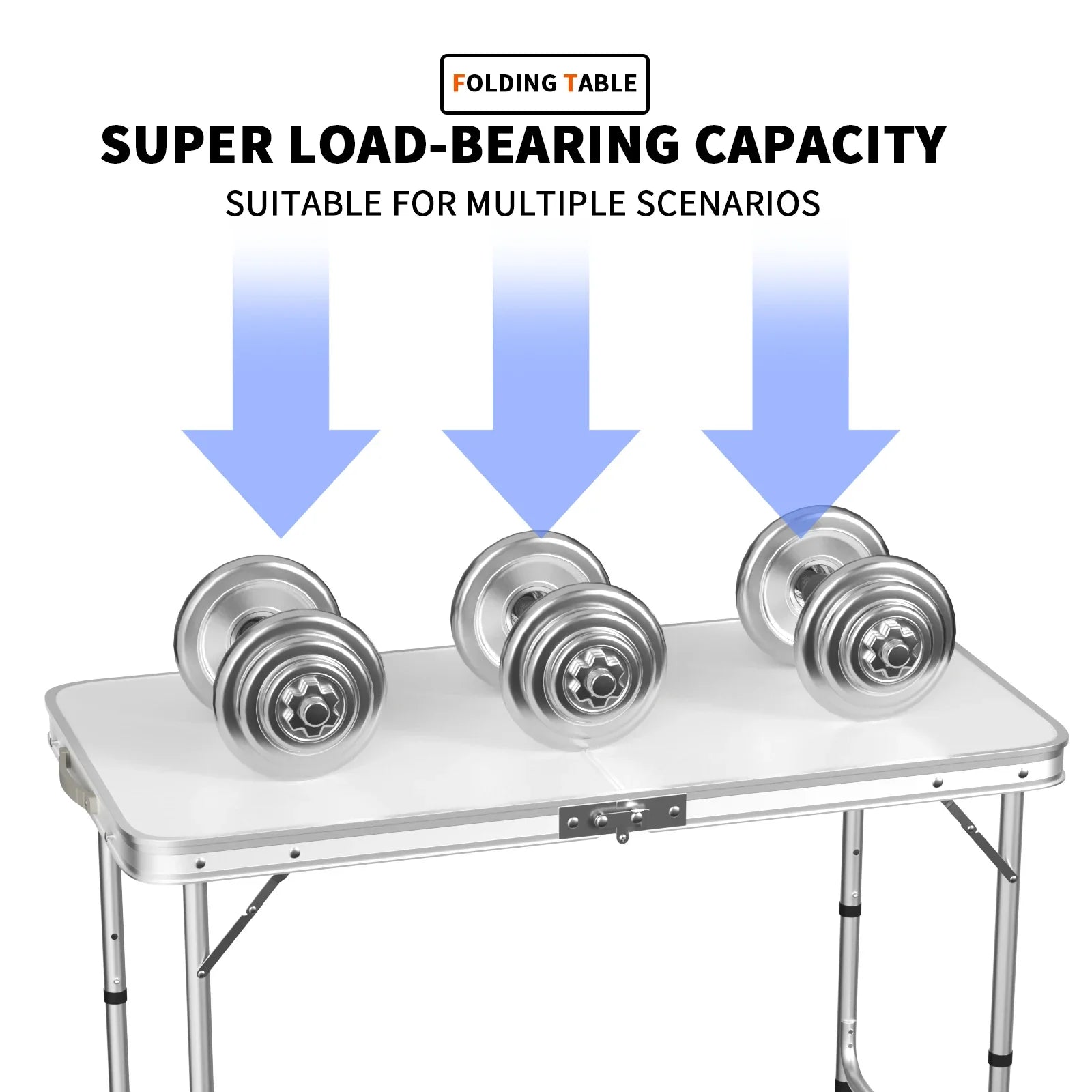 Features: - Folding table with carry handle - Moulded plastic top - includes handy carrying handle - Sturdy aluminum alloy fr