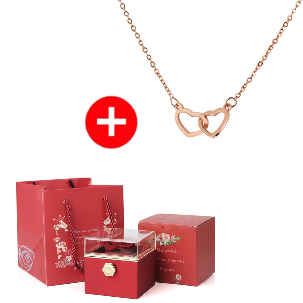 2024 New Valentine's Day Gift Custom for Women Double Heart Engraved Name Steel Necklace Eternal Rose Box Wedding Ring Box