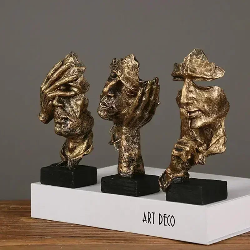 Abstract Resin Face Sculpture – “Silence is Golden” Nordic Art Statue for Home or Office Decor