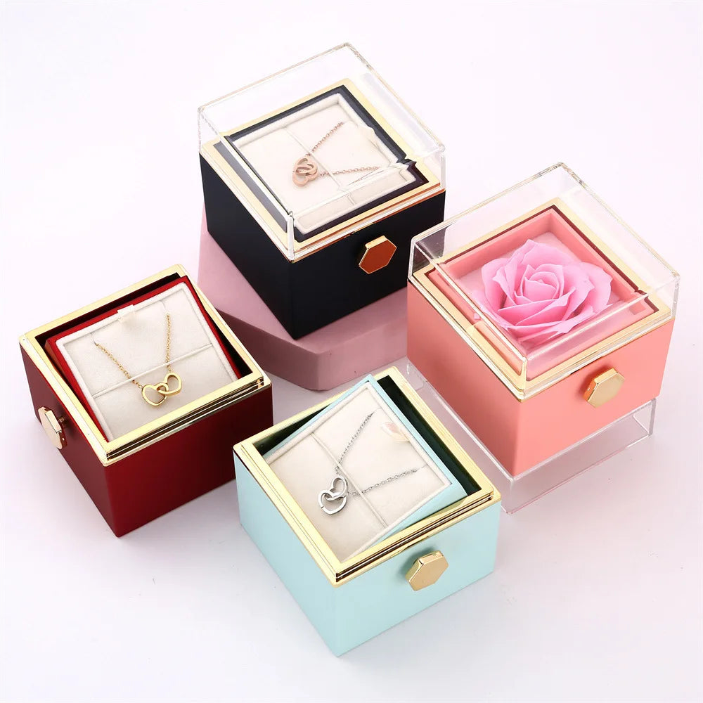 2024 New Valentine's Day Gift Custom for Women Double Heart Engraved Name Steel Necklace Eternal Rose Box Wedding Ring Box