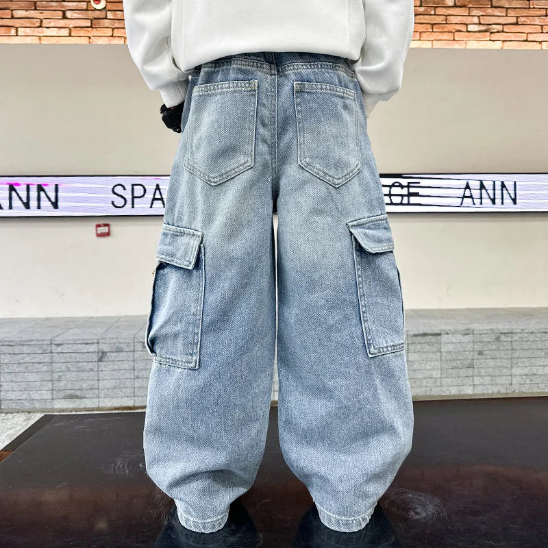Boys Cargo Denim Jeans, Loose Fit Fashion Trousers