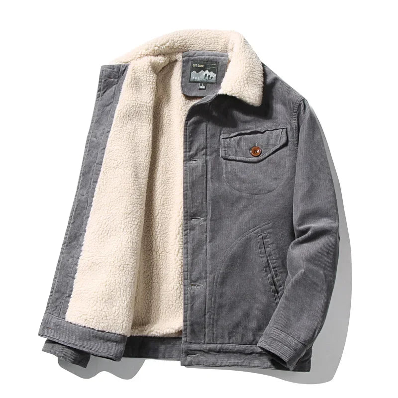 Men’s Corduroy Fleece-Lined Winter Jacket – Warm Casual Coat, Retro Korean Style in Grey, Green, Coffee & Tan