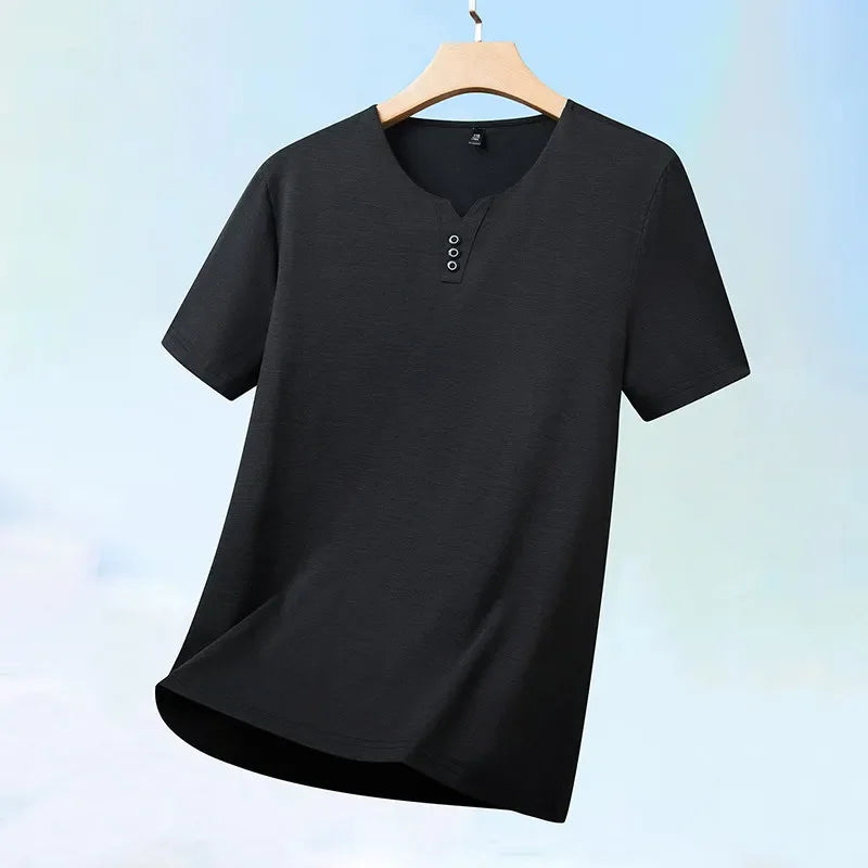 Men’s Three-Button V-Neck T-Shirt – Business Casual Summer Short Sleeve Top (S–4XL)
