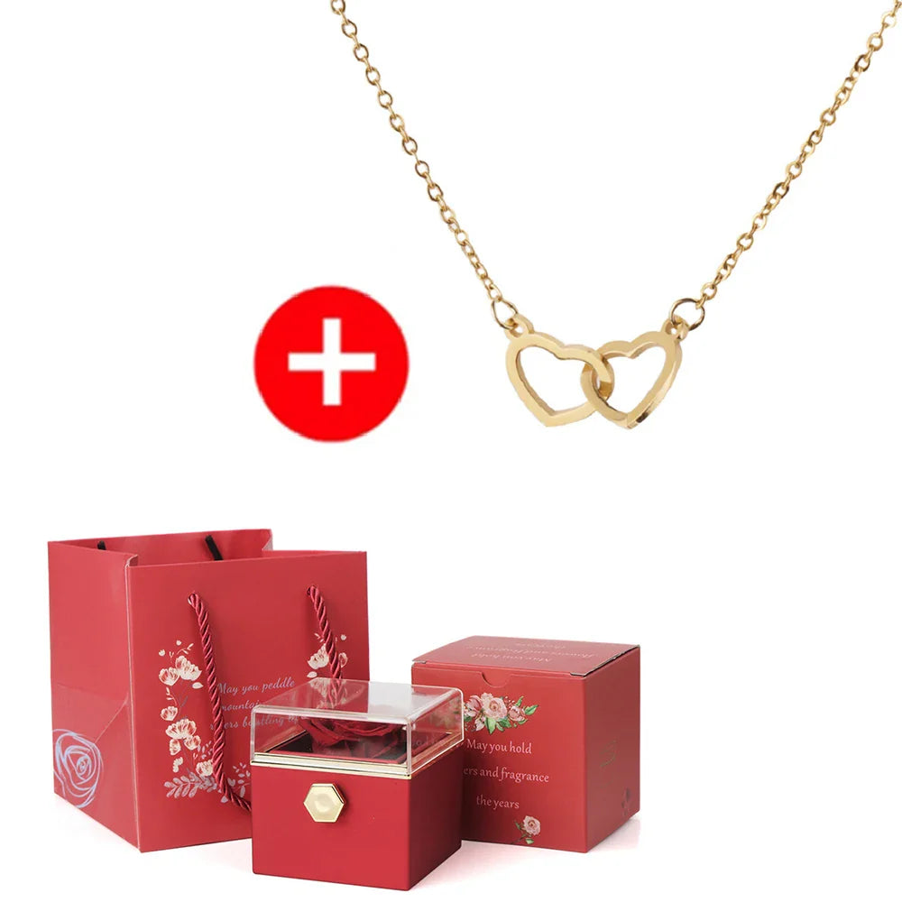 2024 New Valentine's Day Gift Custom for Women Double Heart Engraved Name Steel Necklace Eternal Rose Box Wedding Ring Box