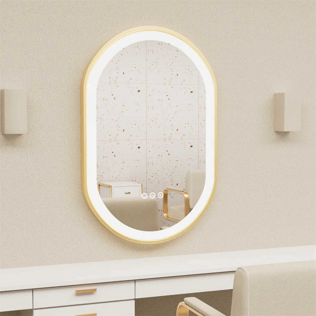 LUVODI Luxury Oval Led Illuminated Bathroom Mirror Gold Aluminum Frame with Demister Pad