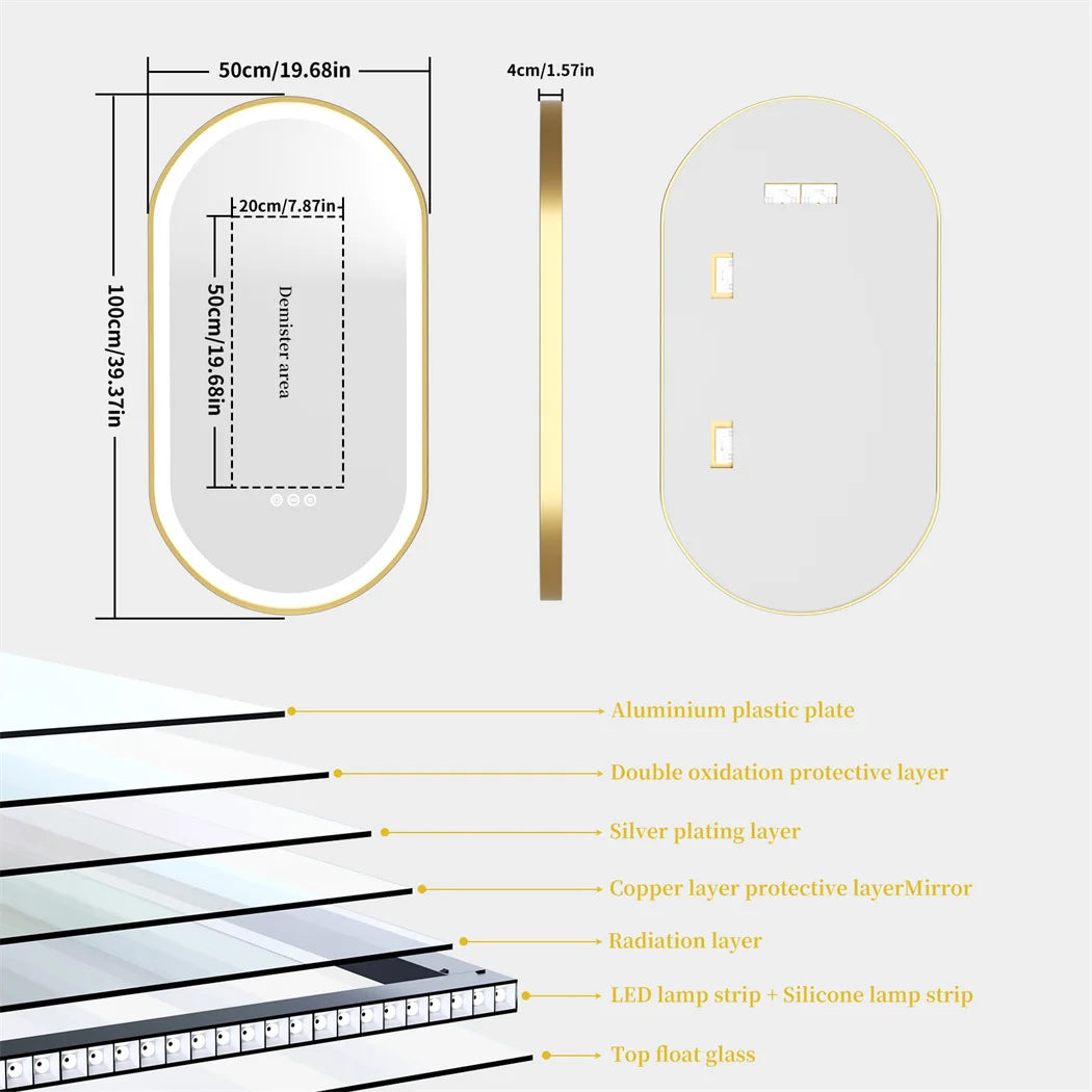 LUVODI Luxury Oval Led Illuminated Bathroom Mirror Gold Aluminum Frame with Demister Pad