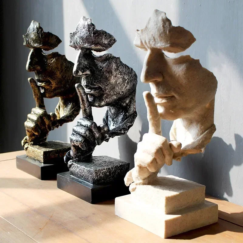Abstract Resin Face Sculpture – “Silence is Golden” Nordic Art Statue for Home or Office Decor
