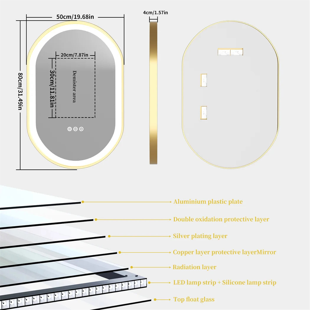 LUVODI Luxury Oval Led Illuminated Bathroom Mirror Gold Aluminum Frame with Demister Pad