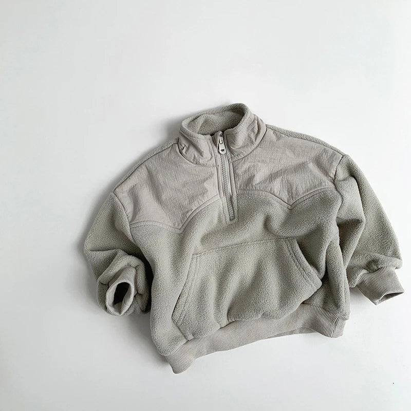 Kids Fleece Half-Zip Pullover, Unisex Winter Hoodie, Warm Colour Block Sweater