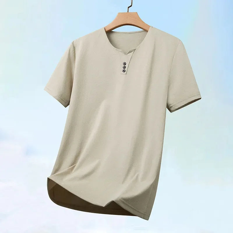 Men’s Three-Button V-Neck T-Shirt – Business Casual Summer Short Sleeve Top (S–4XL)