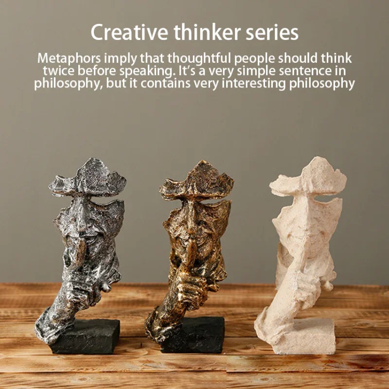 Abstract Resin Face Sculpture – “Silence is Golden” Nordic Art Statue for Home or Office Decor