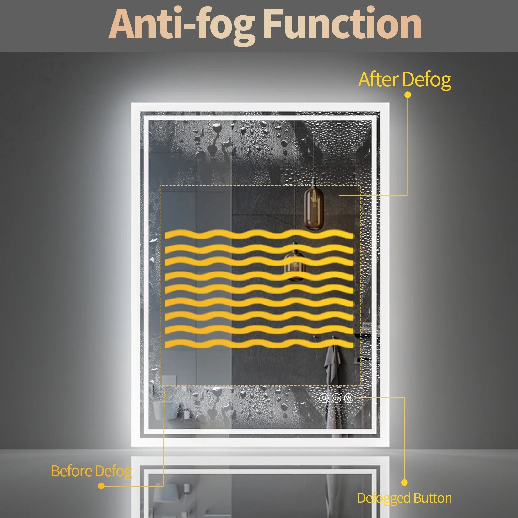 LED Light Bathroom Mirror Illuminated Wall Mounted Vanity Makeup Anti-Fog Rectangle 3 Colors Touch Light