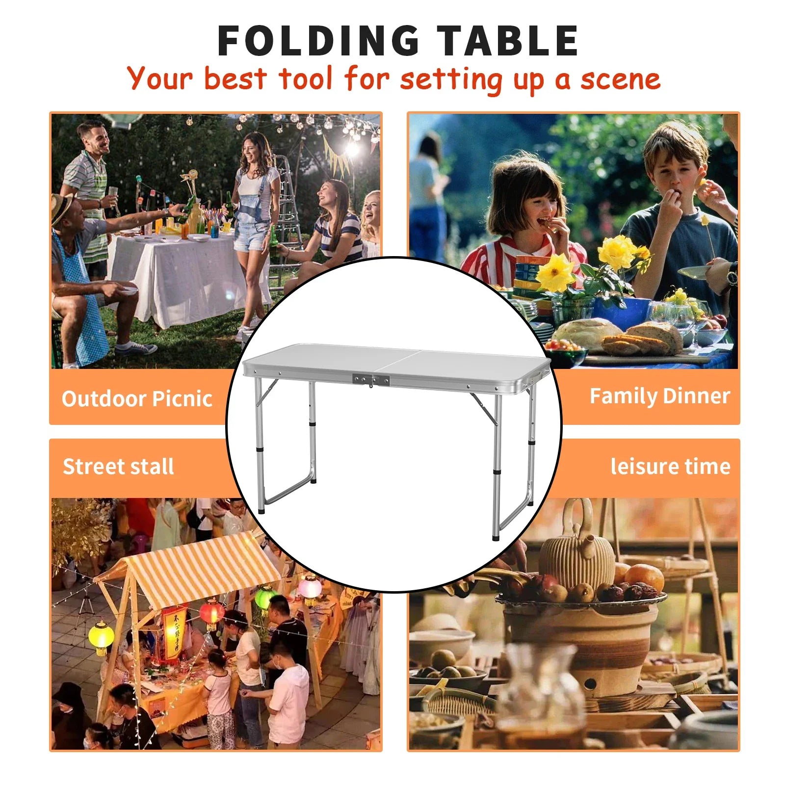 Features: - Folding table with carry handle - Moulded plastic top - includes handy carrying handle - Sturdy aluminum alloy fr