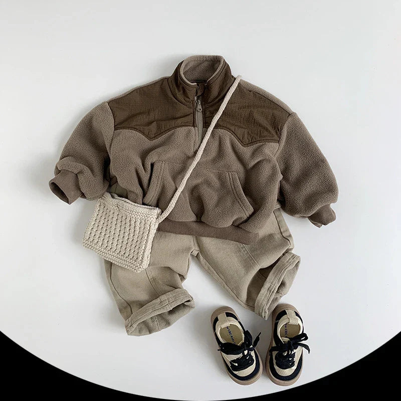 Kids Fleece Half-Zip Pullover, Unisex Winter Hoodie, Warm Colour Block Sweater