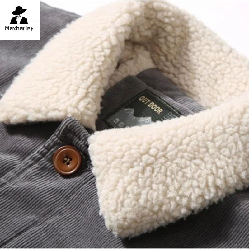 Men’s Corduroy Fleece-Lined Winter Jacket – Warm Casual Coat, Retro Korean Style in Grey, Green, Coffee & Tan