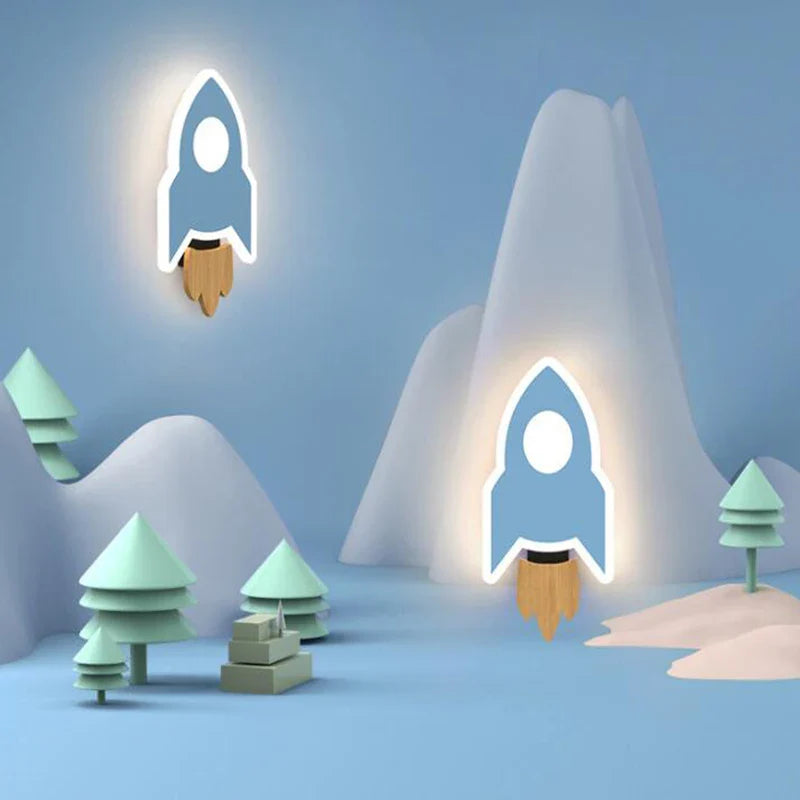Cartoon LED Rocket & Moon Wall Lamp – Kids Night Light Bedroom Decor