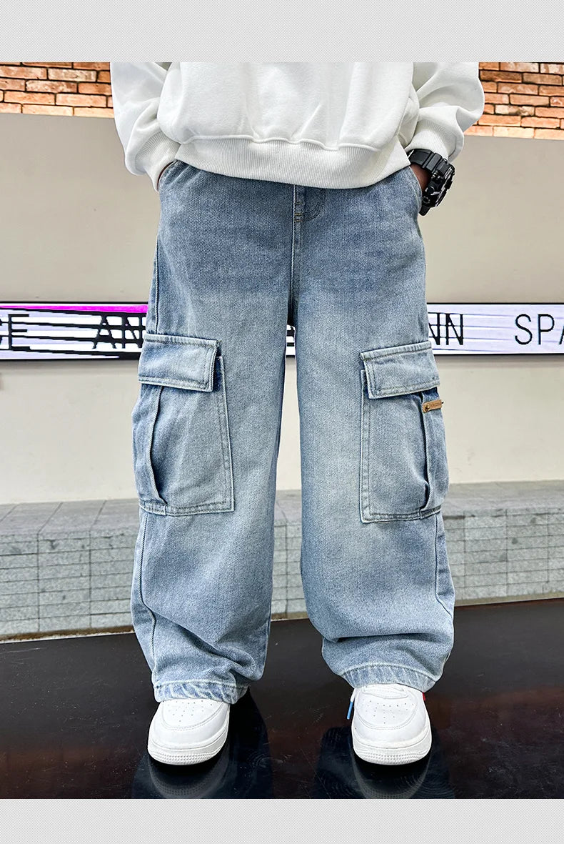 Boys Cargo Denim Jeans, Loose Fit Fashion Trousers