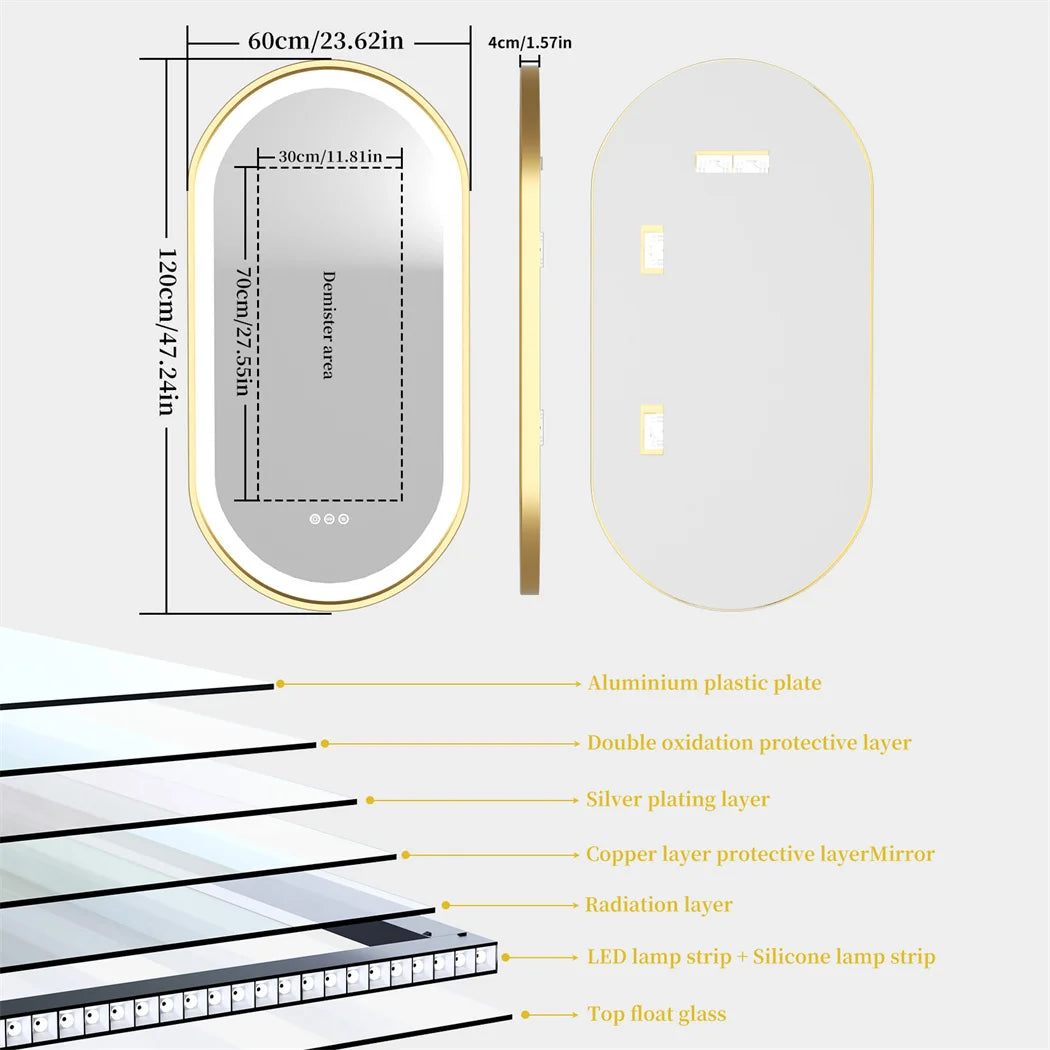 LUVODI Luxury Oval Led Illuminated Bathroom Mirror Gold Aluminum Frame with Demister Pad