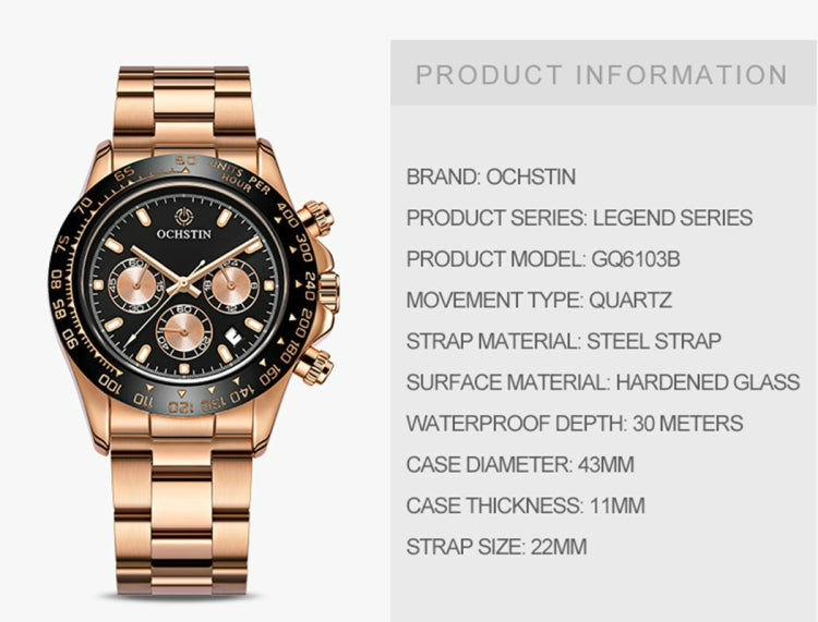 OCHSTIN Augusten 6103B Multi Function Quartz Watch Sports luminous Waterproof Watch Calendar Steel Band Men Watch