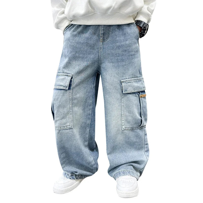 Boys Cargo Denim Jeans, Loose Fit Fashion Trousers
