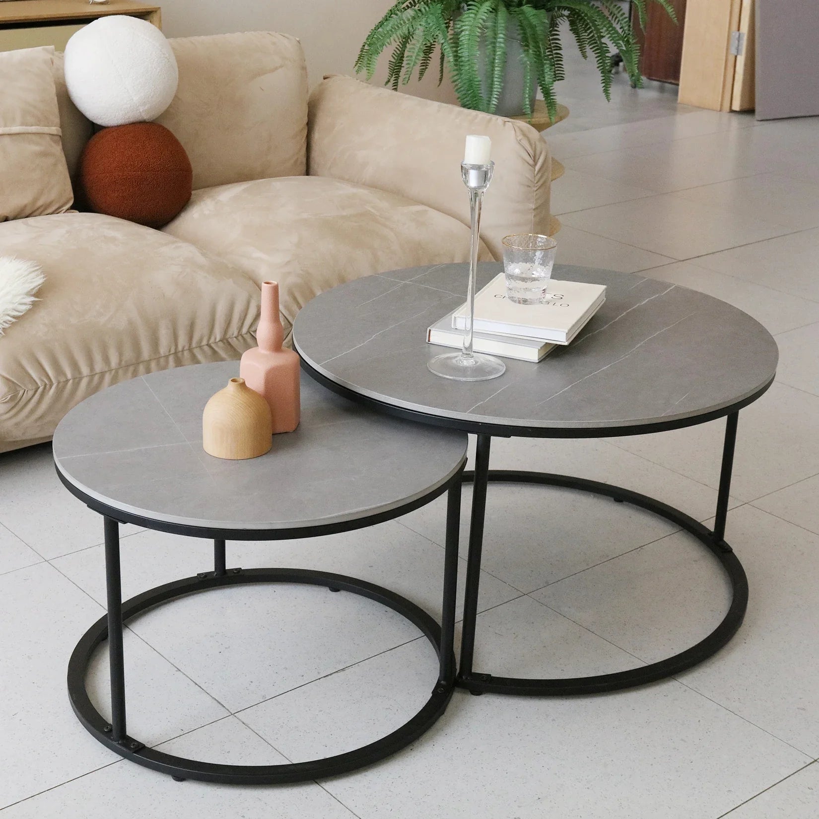 Modern Nesting Round Grey Marble Top Coffee Table Set Sintered Stone Table Metal Legs Home Furniture