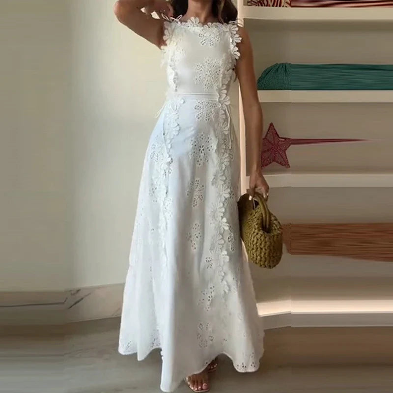 New Solid Color Lace Embroidery Evening Dress Trendy Sleeveless Women White Dress Elegant Hollow Out Floral Bandage Party Dress