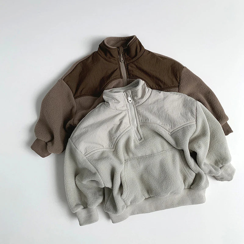 Kids Fleece Half-Zip Pullover, Unisex Winter Hoodie, Warm Colour Block Sweater