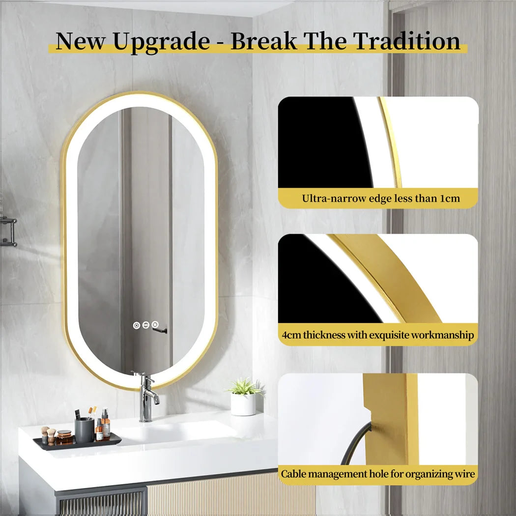 LUVODI Luxury Oval Led Illuminated Bathroom Mirror Gold Aluminum Frame with Demister Pad