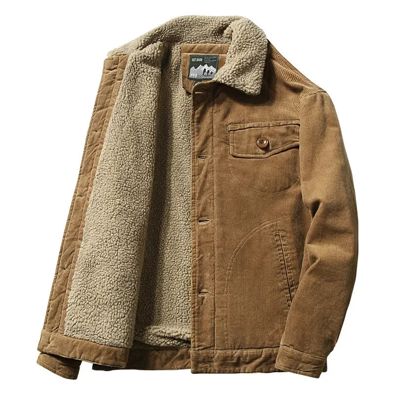 Men’s Corduroy Fleece-Lined Winter Jacket – Warm Casual Coat, Retro Korean Style in Grey, Green, Coffee & Tan