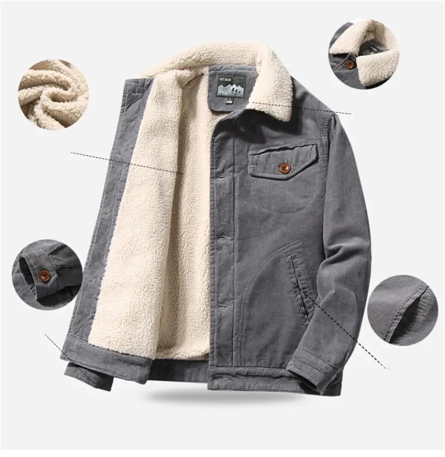 Men’s Corduroy Fleece-Lined Winter Jacket – Warm Casual Coat, Retro Korean Style in Grey, Green, Coffee & Tan