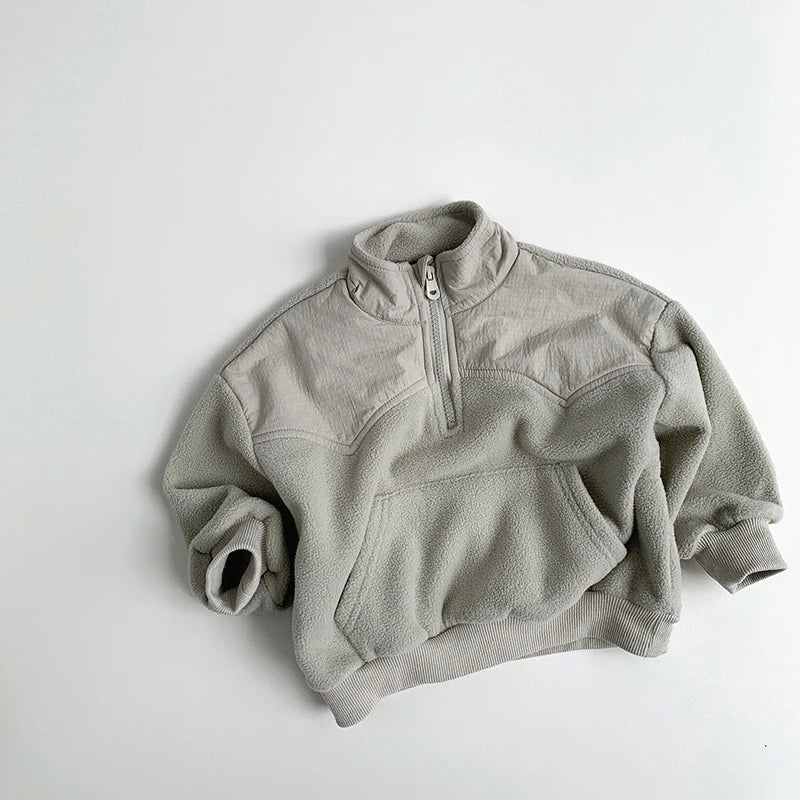 Kids Fleece Half-Zip Pullover, Unisex Winter Hoodie, Warm Colour Block Sweater