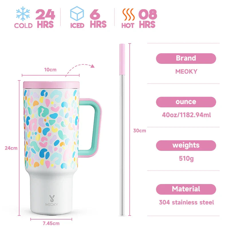 Meoky 40oz Cup Tumbler with Handle Straw Stainless Steel Multi-Prints Coffee Cup Travel Water Bottle Leak-Proof Car Mug Gifts