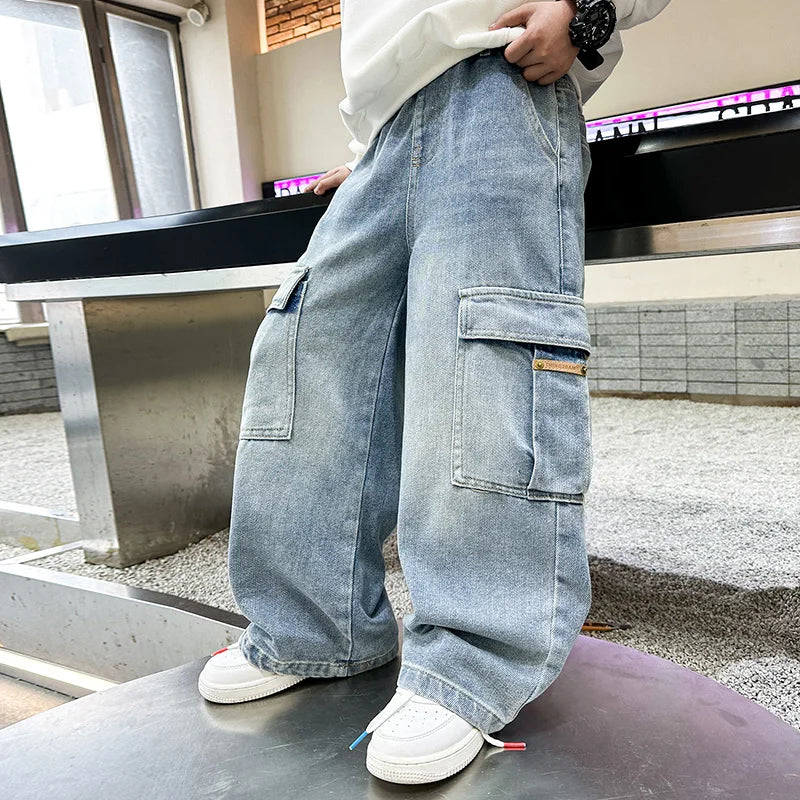 Boys Cargo Denim Jeans, Loose Fit Fashion Trousers