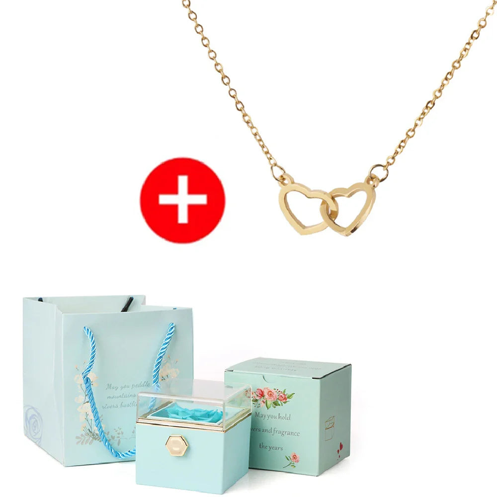 2024 New Valentine's Day Gift Custom for Women Double Heart Engraved Name Steel Necklace Eternal Rose Box Wedding Ring Box