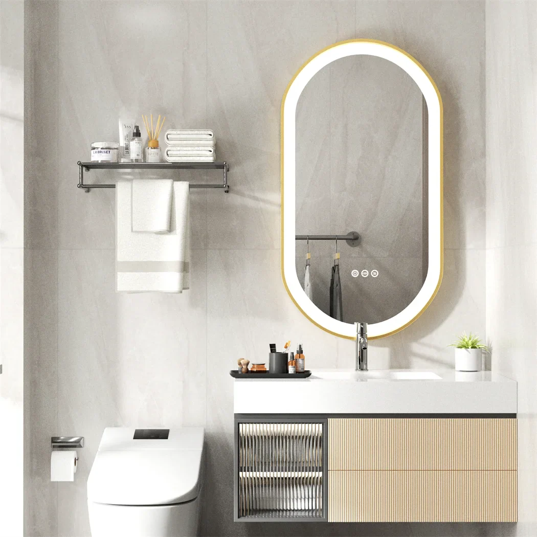 LUVODI Luxury Oval Led Illuminated Bathroom Mirror Gold Aluminum Frame with Demister Pad
