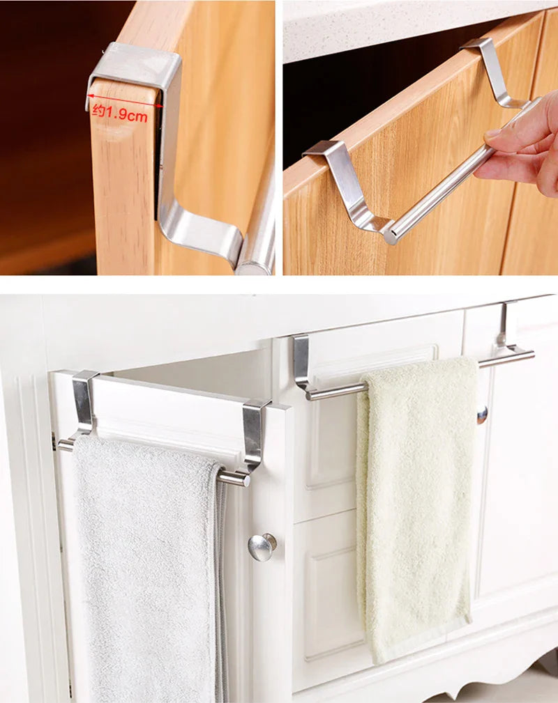 Kitchen Cabinet Door Towel Bar Stainless Steel Door Back Towel Hanging Holder Bathroom Punch-free Towels Hooks Home Organizer