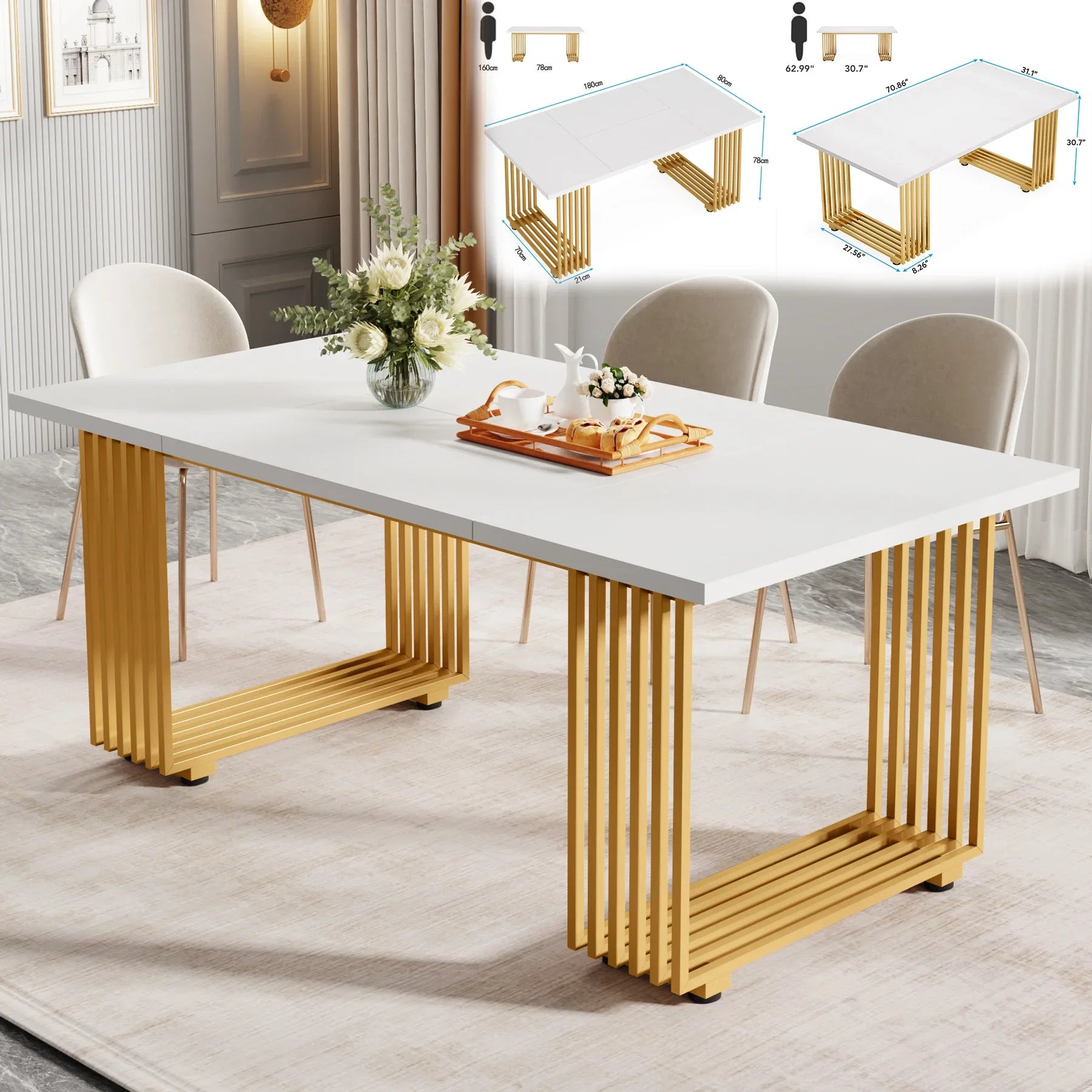 Tribesigns 63-Inch Rectangular Dining Table for 4 to 6, Modern Kitchen Table with Faux Marble Table Top, White Dinner Tables