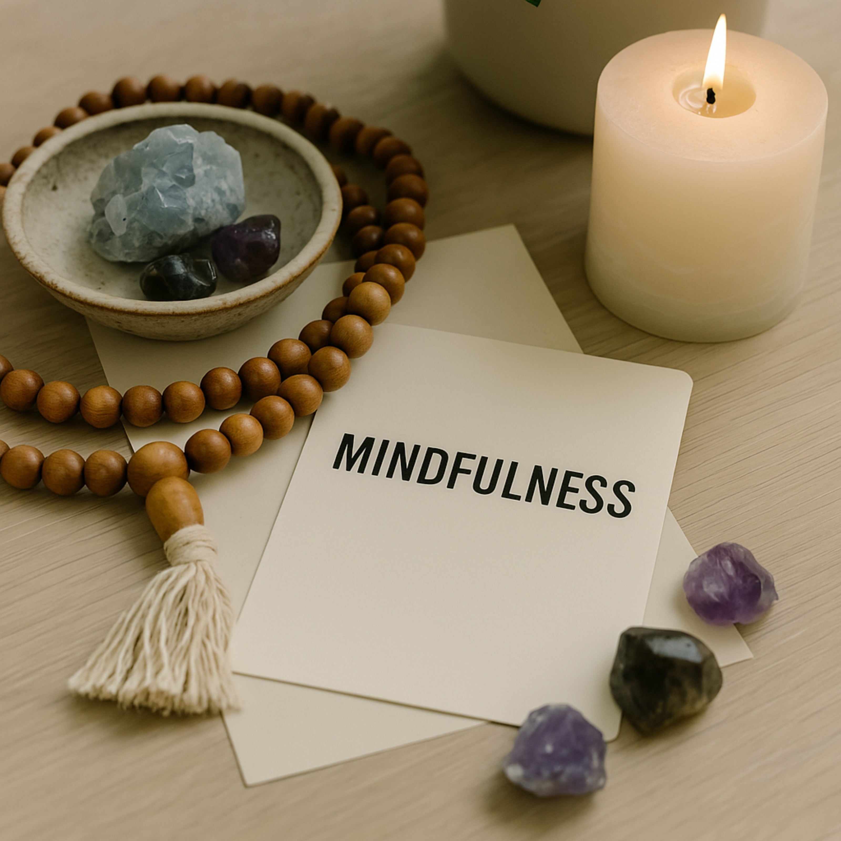 Mindfulness Stock Photo - Crystals, Mala Beads & Candle | Spiritual for Canva, Social Media, Website | JPG Download