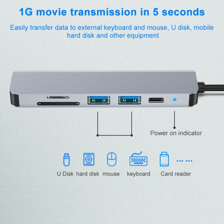 AD-033 6 In 1 USB-C / Type-C To 4K HDMI SD / TF Card Slot PD USB-C / Type-C Charging 2 USB 3.0 Ports Multifunctional HUB Docking Station