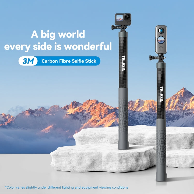 TELESIN 3M Carbon Fiber Selfie Stick Monopod With 1/4 Screw For Action Camera, 3m