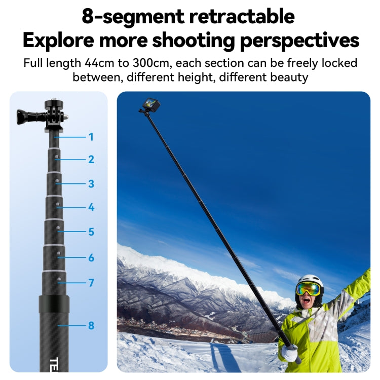 TELESIN 3M Carbon Fiber Selfie Stick Monopod With 1/4 Screw For Action Camera, 3m
